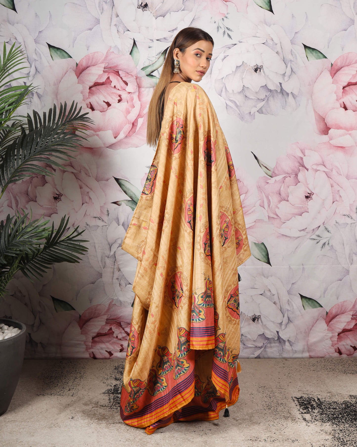 Beige And Brick Pink Madhubani Pattern Digital Print Art Tussar Silk Saree With Tassels