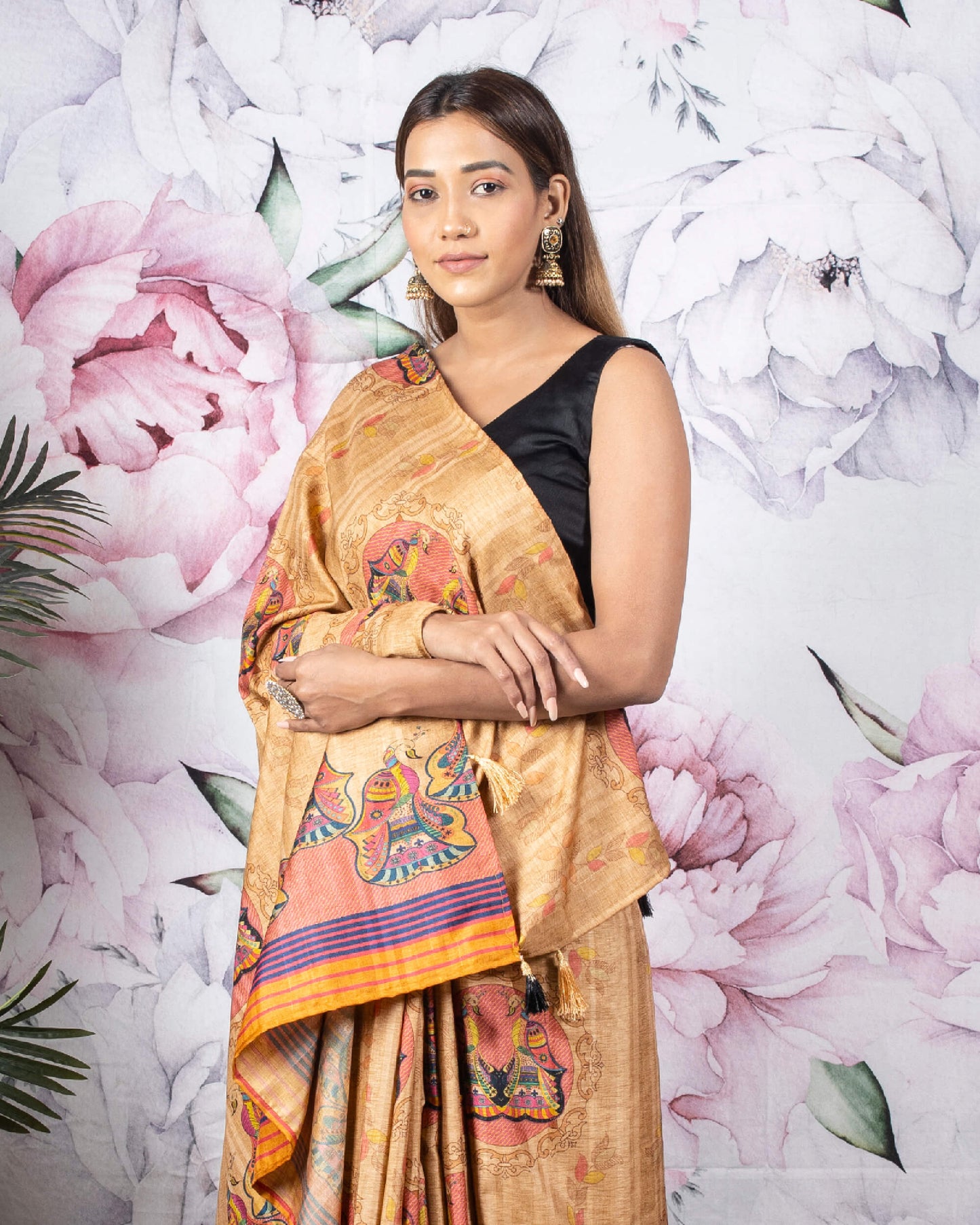 Beige And Brick Pink Madhubani Pattern Digital Print Art Tussar Silk Saree With Tassels