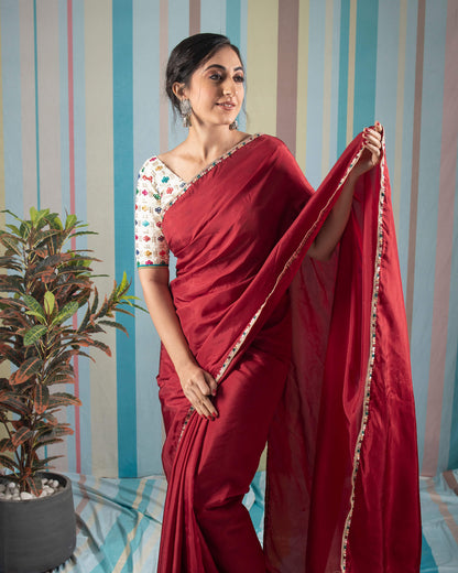 Maroon Plain Viscose Uppada Silk Saree With Sequins Lace Border