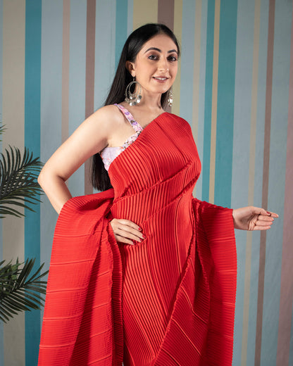 Chilli Red Plain Half Pleated Japan Satin Saree