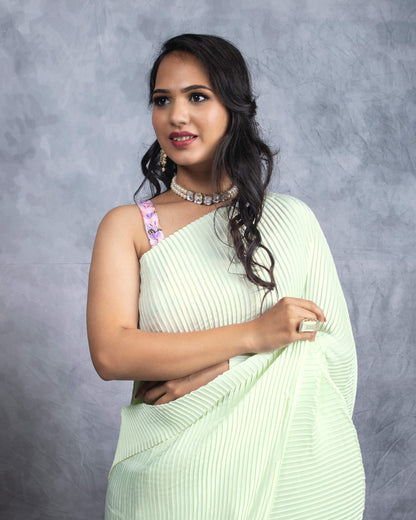 Tea Green Plain Half Pleated Japan Satin Saree