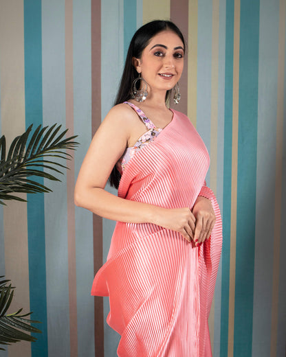 Salmon Pink Plain Half Pleated Japan Satin Saree
