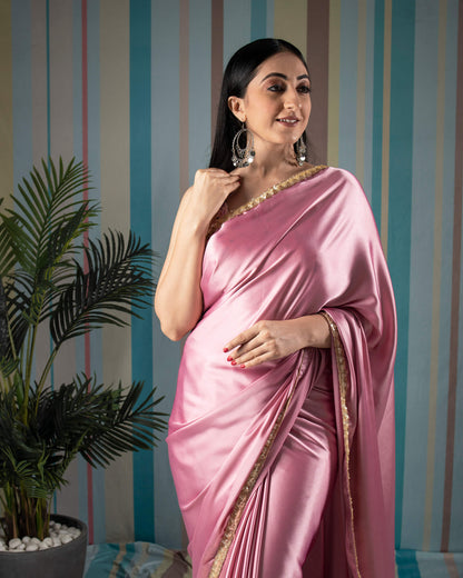 Hippie Pink Plain Japan Satin Saree With Lace Border