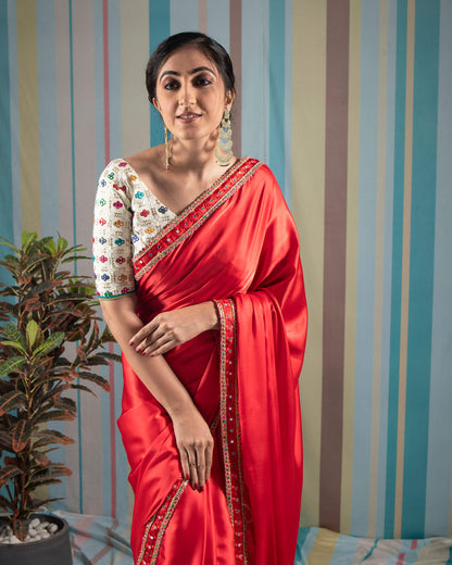 Chilli Red Plain Japan Satin Saree With Lace Border