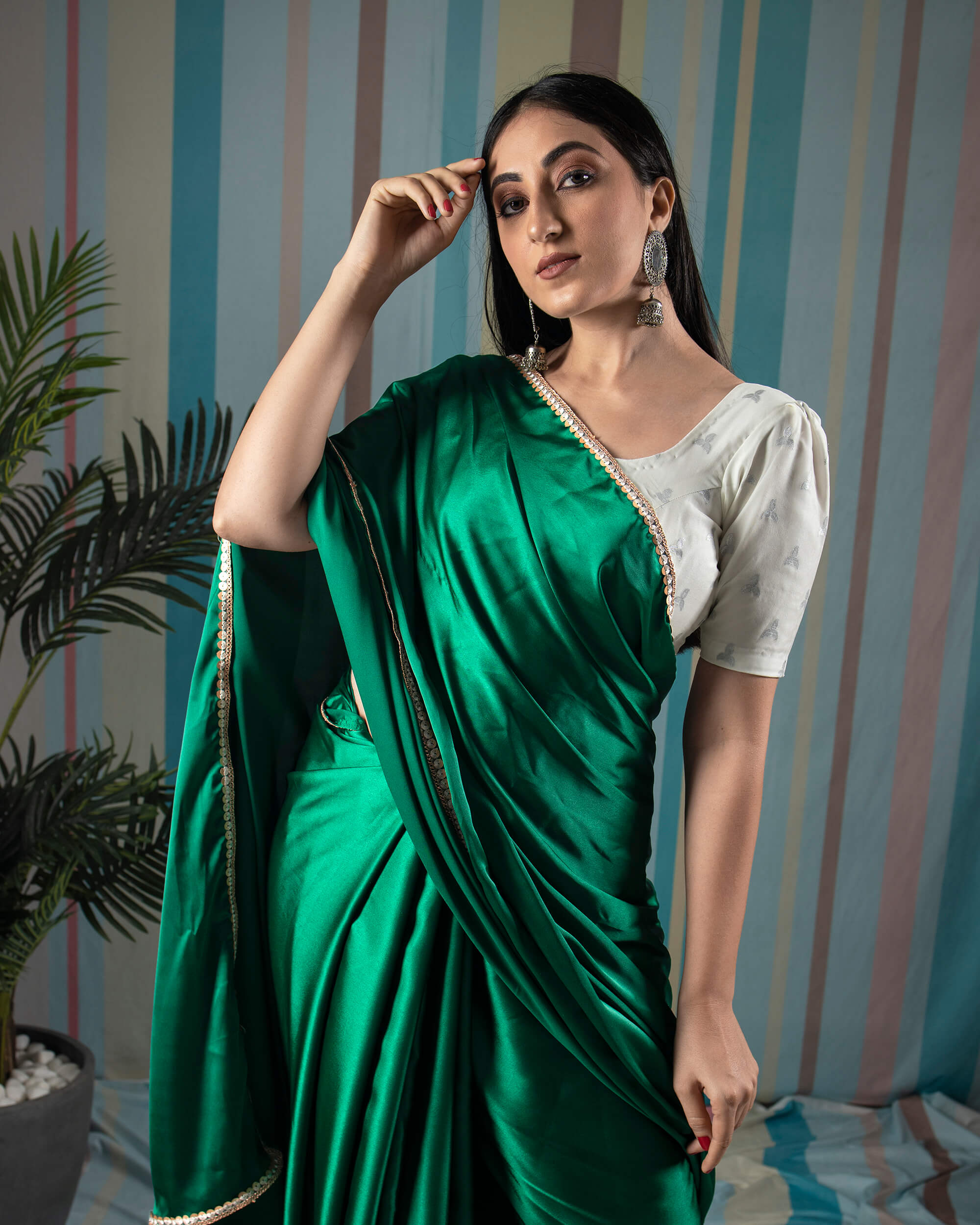 Green Handloom Plain Satin Saree With Zari Border – WeaverStory