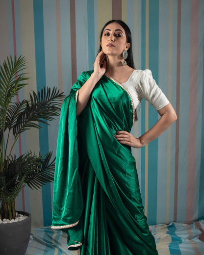 Sacramento Green Plain Japan Satin Saree With Lace Border