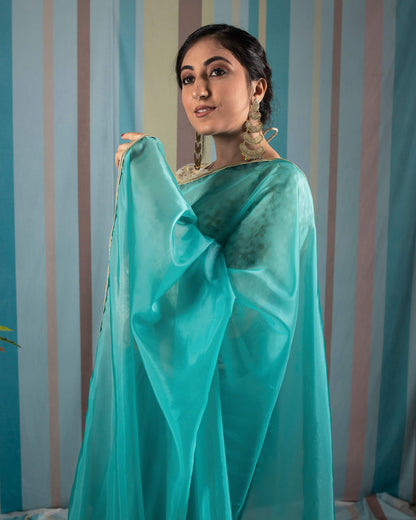 Turquoise Plain Liquid Organza Saree With Lace Border