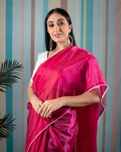 Jam Pink Plain Liquid Organza Saree With Pearl Work Lace Border