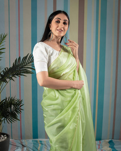 Basil Green Plain Liquid Organza Saree With Pearl Work Lace Border