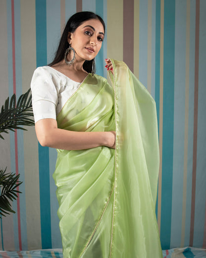 Basil Green Plain Liquid Organza Saree With Pearl Work Lace Border