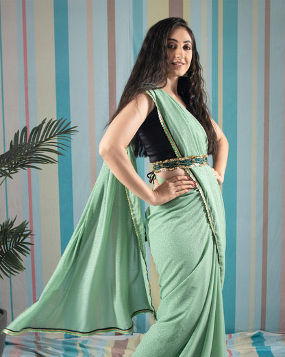 Pistachio Green Plain Laser Georgette Saree With Sequins Lace Border