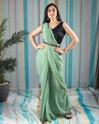 Pistachio Green Plain Laser Georgette Saree With Sequins Lace Border