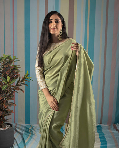 Olive Green Plain Viscose Uppada Silk Saree With Sequins Lace Border