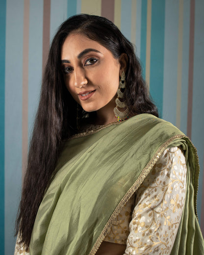 Olive Green Plain Viscose Uppada Silk Saree With Sequins Lace Border