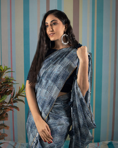 Blue Shiiborii Pattern Digital Print Viscose Uppada Silk Saree With Tassels