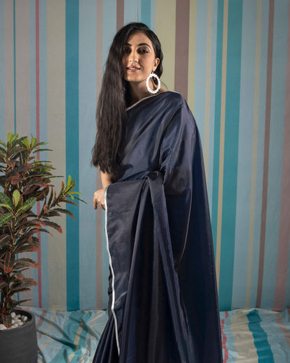 Navy Blue Plain Liquid Organza Saree With Lace Border