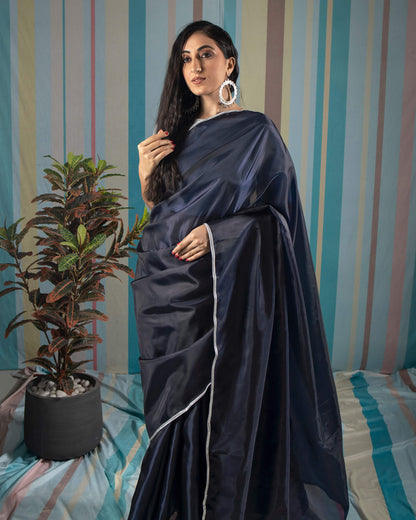 Navy Blue Plain Liquid Organza Saree With Lace Border