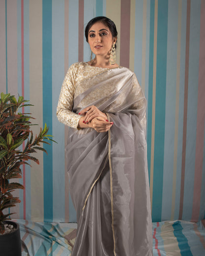 Pegion Grey Plain Liquid Organza Saree With Lace Border