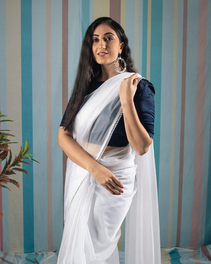 White Plain Organza Satin Saree With Pearl Work Lace Border