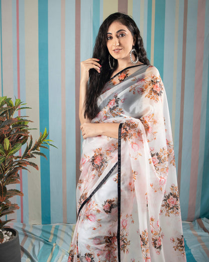 White And Taffy Pink Floral Pattern Shimmer Tisshu Saree With Satin Border