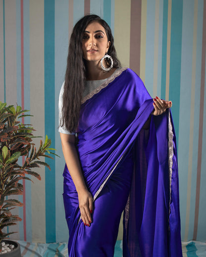 Royal Blue Plain Japan Satin Saree With Sequins Lace Border