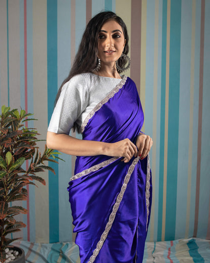 Royal Blue Plain Japan Satin Saree With Sequins Lace Border