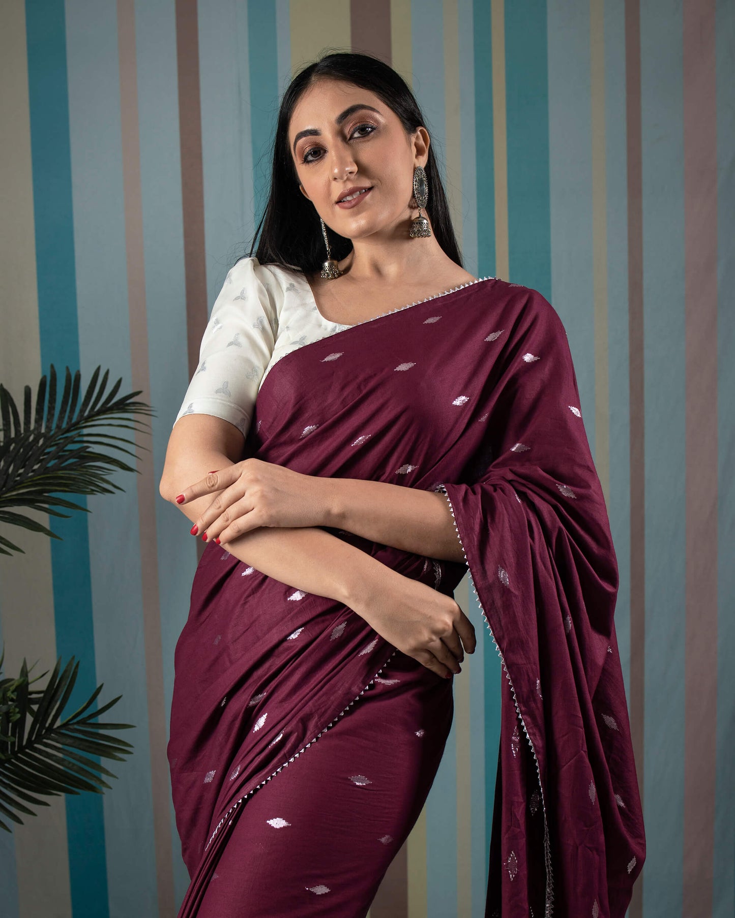 Dark Maroon And Silver Booti Pattern Cotton Lurex Saree With Lace Border