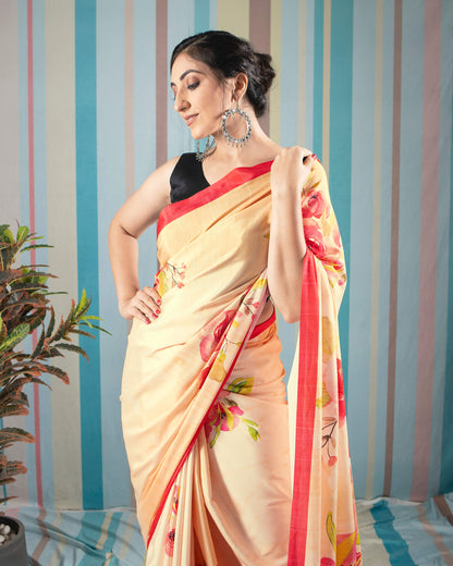 Mellow Yellow And Red Floral Pattern Digital Print Crepe Silk Saree With Tassels