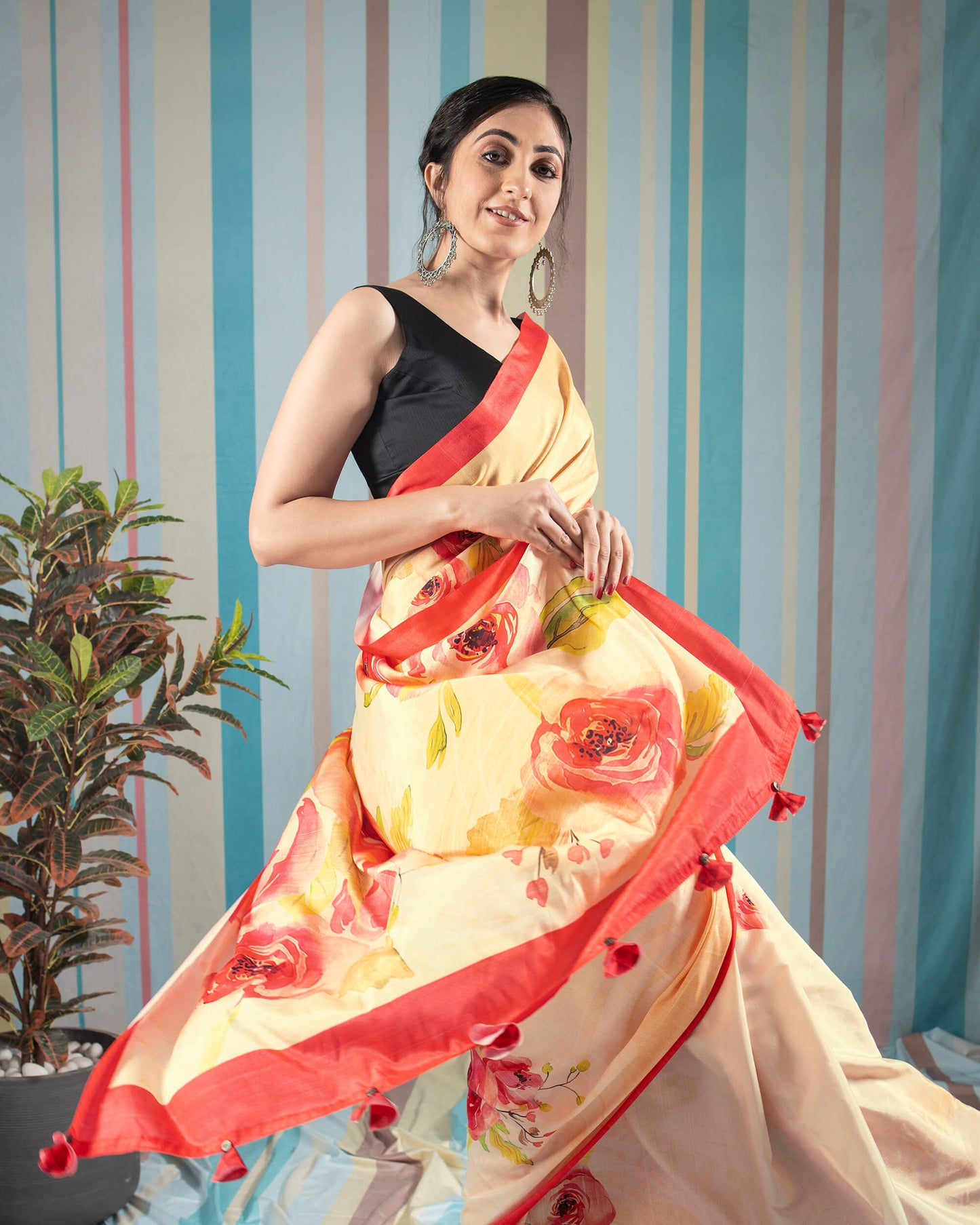 Mellow Yellow And Red Floral Pattern Digital Print Crepe Silk Saree With Tassels