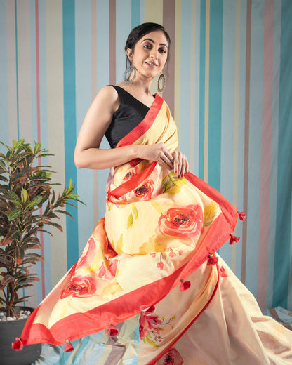 Mellow Yellow And Red Floral Pattern Digital Print Crepe Silk Saree With Tassels