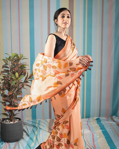 Salmon Peach And Army Green Leaf Pattern Digital Print Crepe Silk Saree With Tassels