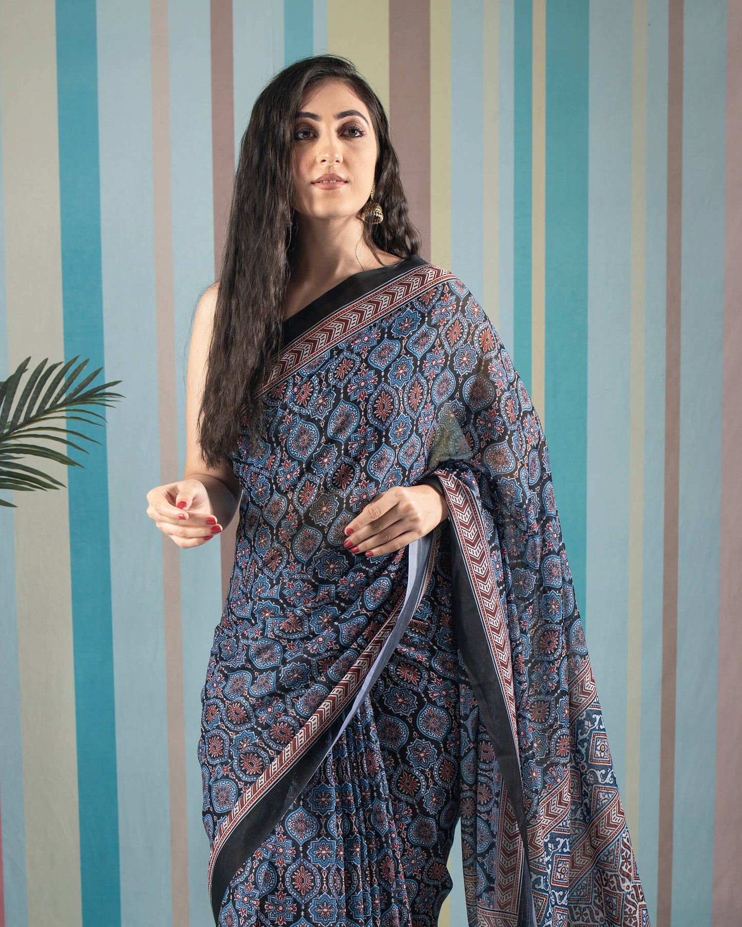 Yale Blue And Maroon Ajrakh Pattern Digital Print Poly Voile Saree With Satin Border