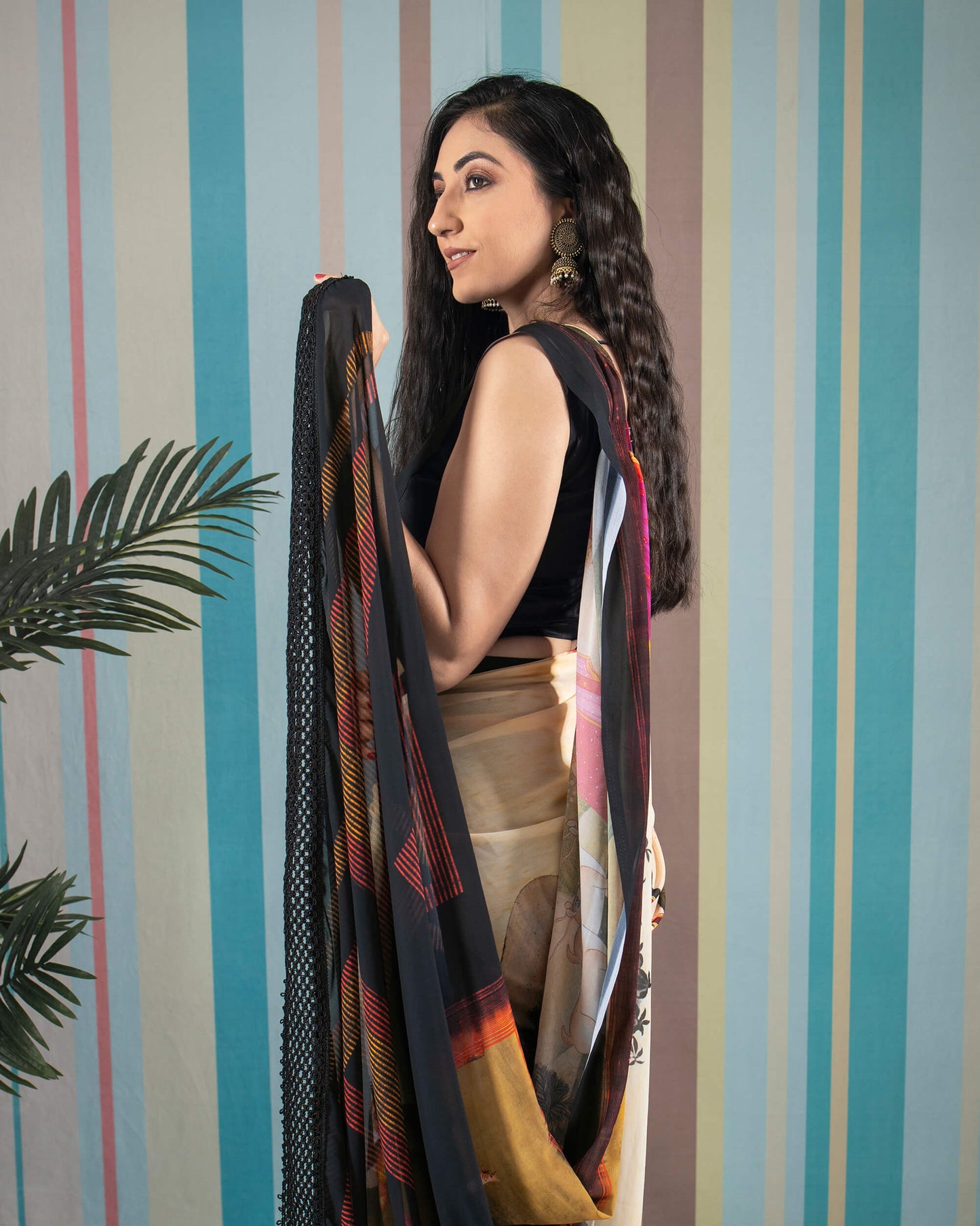Oat Beige And Black Quirky Pattern Digital Print Georgette Saree With Cut Work Lace Border