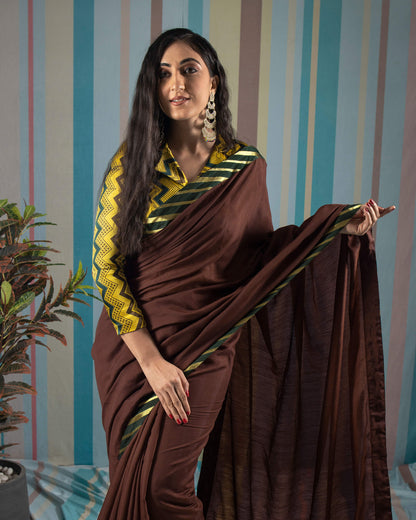 Coffee Brown Plain Viscose Chanderi Saree With Zari Border