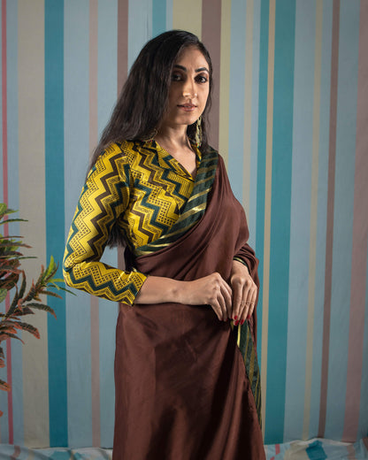 Coffee Brown Plain Viscose Chanderi Saree With Zari Border