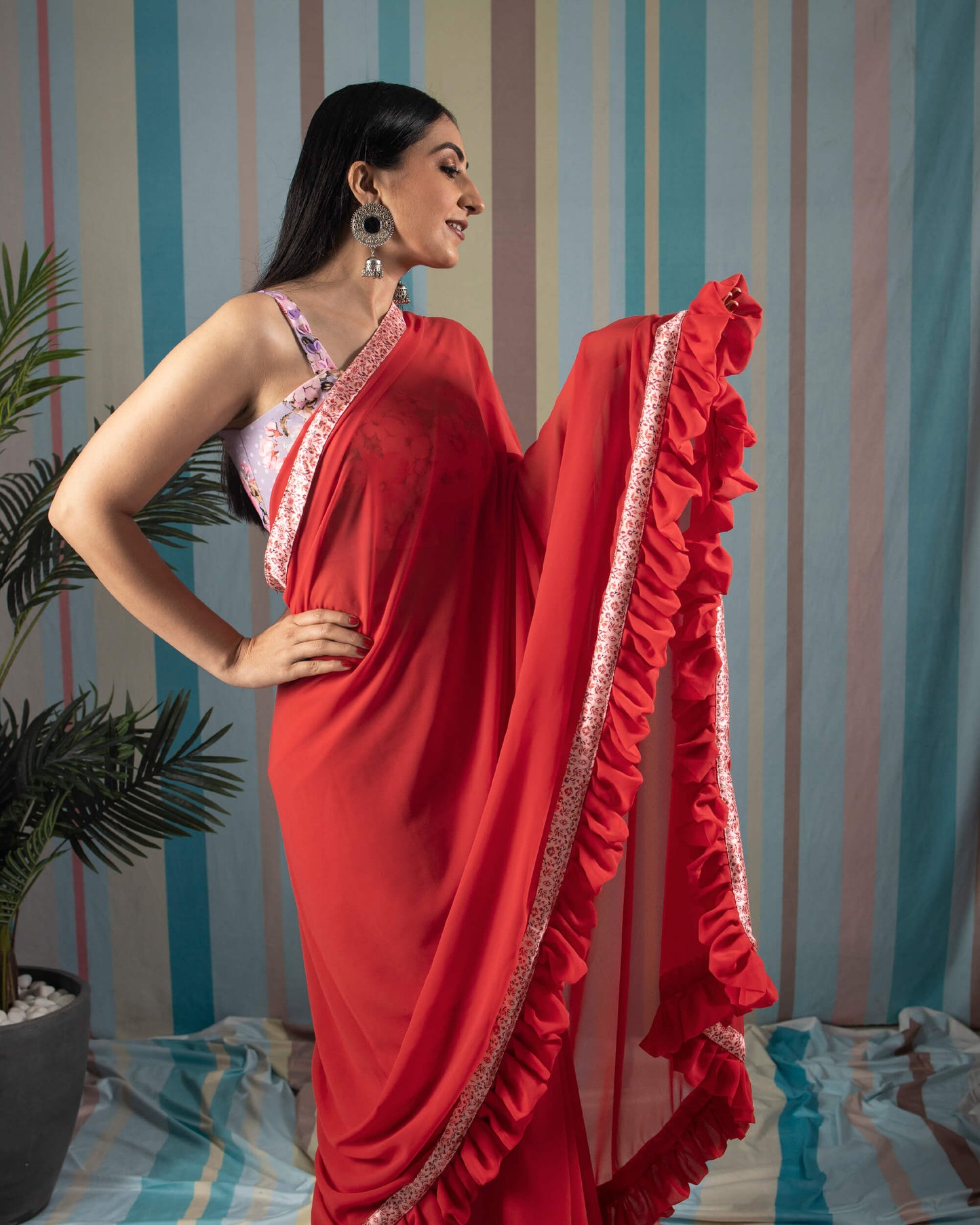 Red Plain Georgette Ruffle Saree With Printed Satin Border