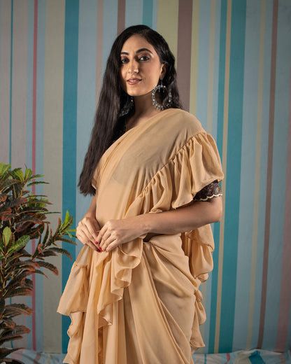 Beige Plain Georgette Ruffle Saree