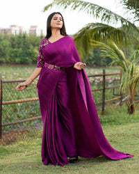 Wine Purple Plain Half Pleated Japan Satin Saree