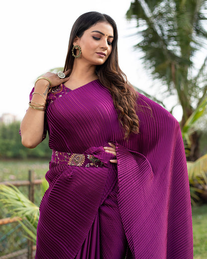 Wine Purple Plain Half Pleated Japan Satin Saree