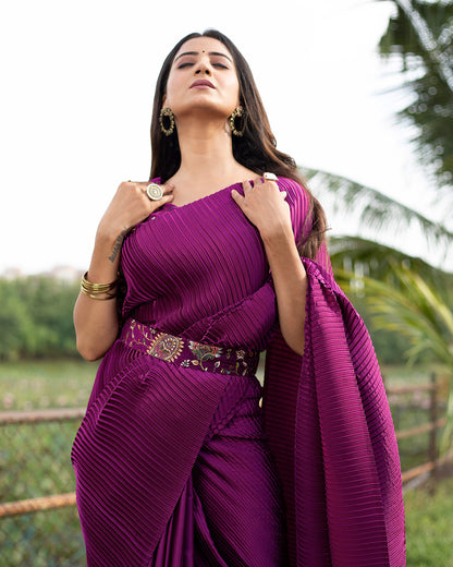 Wine Purple Plain Half Pleated Japan Satin Saree