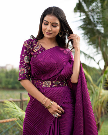 Wine Purple Plain Half Pleated Japan Satin Saree