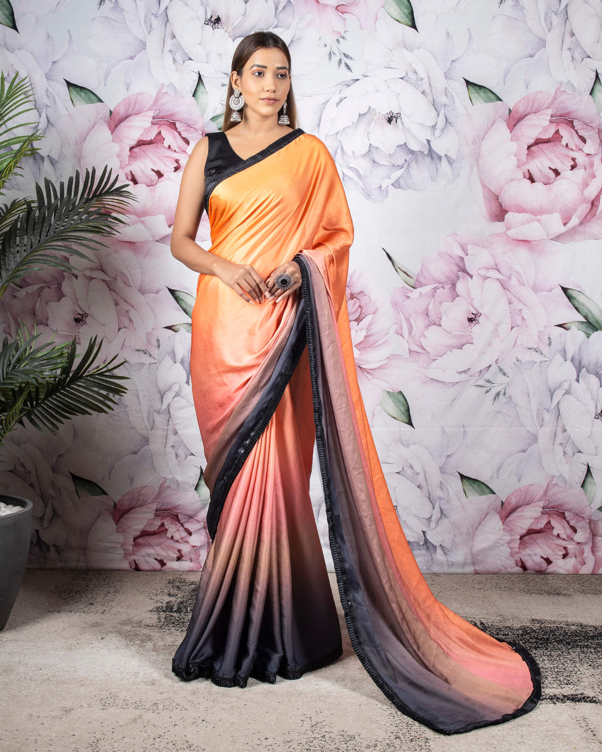 Orange And Black Ombre Pattern Digital Print Chiffon Satin Saree With Satin Lace Border