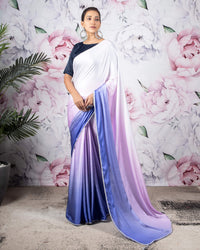 Purple And White Ombre Pattern Digital Print Chiffon Satin Saree With Siver Zari Lace Border