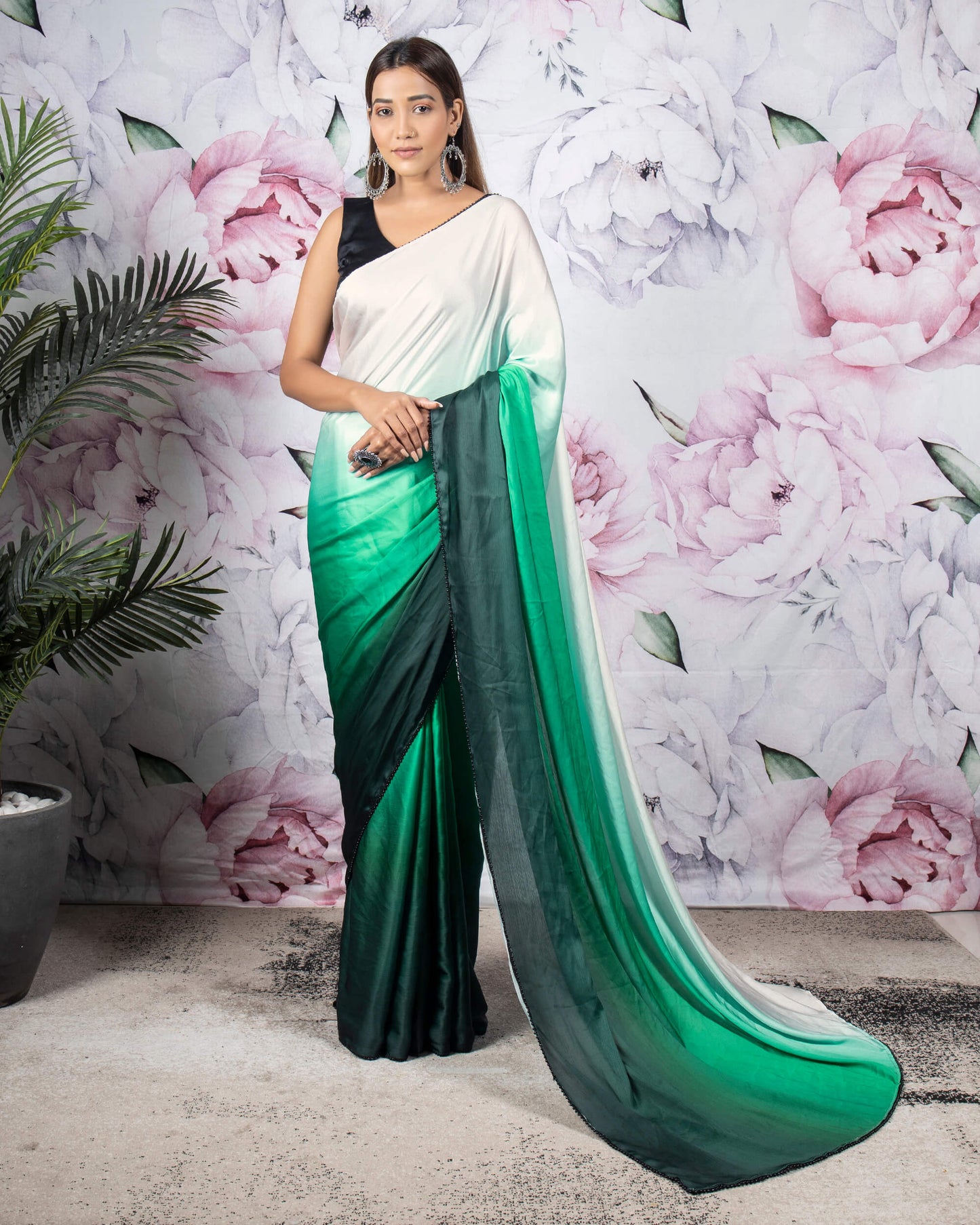 Green And White Ombre Pattern Digital Print Chiffon Satin Saree With Pearl Work Lace Border