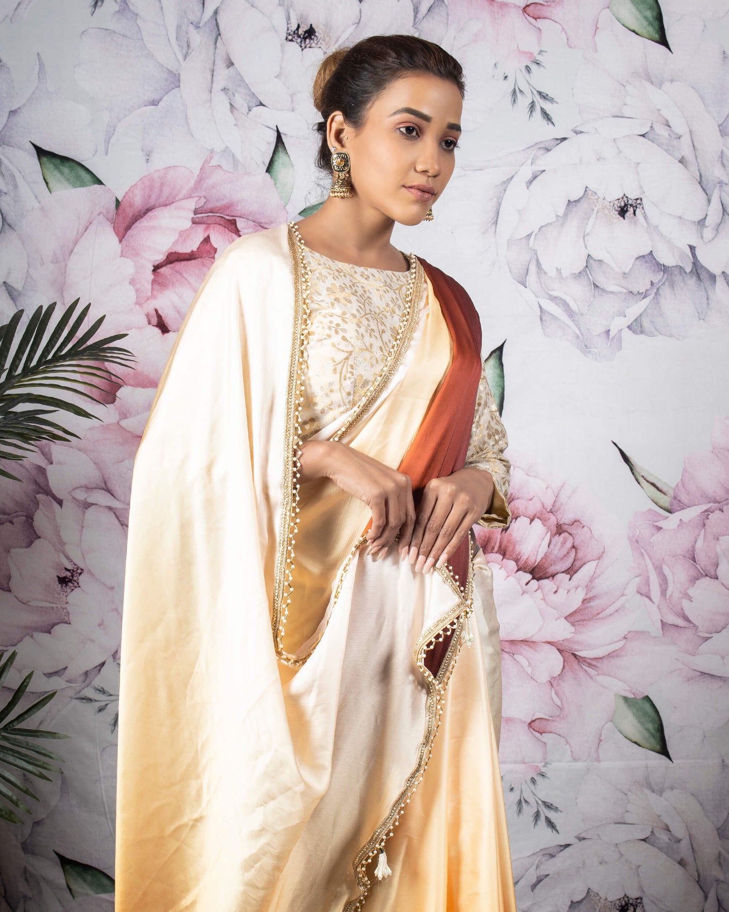 Brown And Cream Ombre Pattern Digital Print Chiffon Satin Saree With Tubular Beads Pearl Work Lace Border