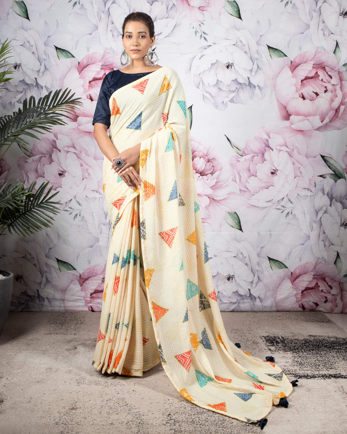 Oat Beige And Red Geometric Pattern Sequins Georgette Saree With Satin Border