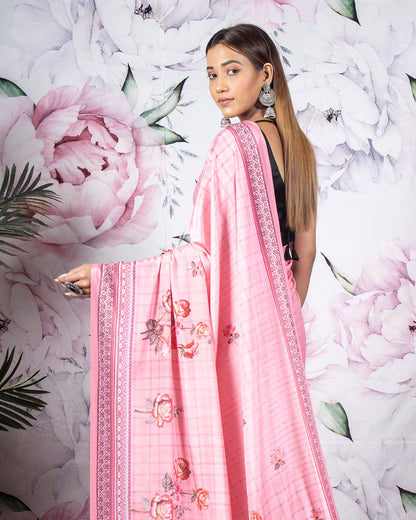 Taffy Pink Floral Pattern Digital Print Crepe Silk Saree