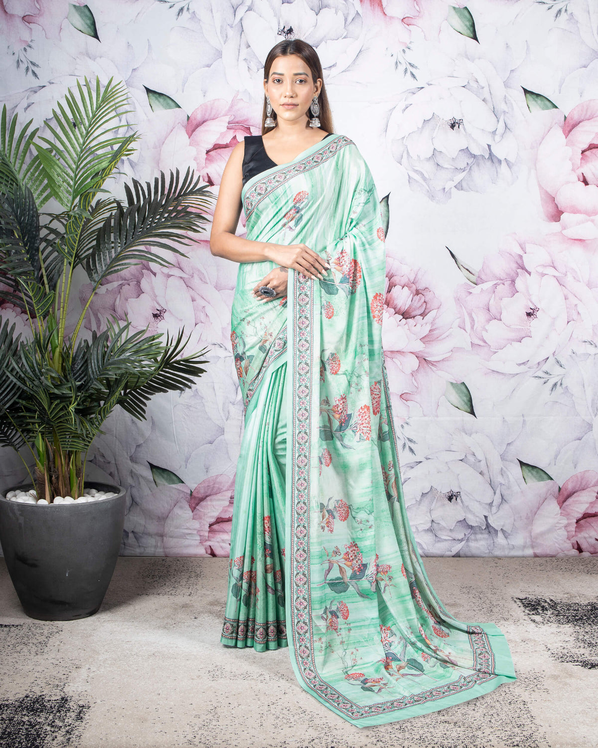 Turquoise And Pink Floral Pattern Digital Print Crepe Silk Saree