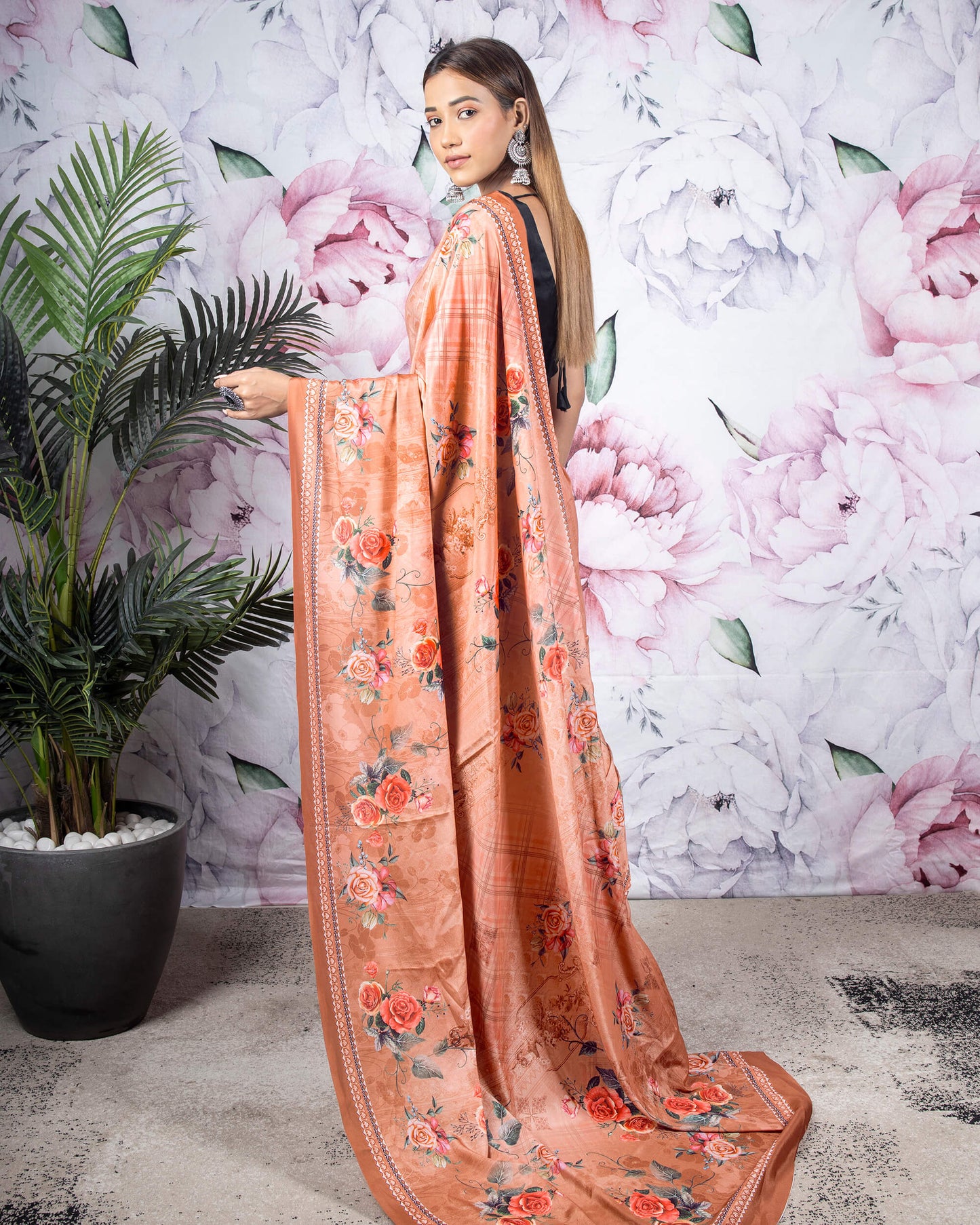 Sandy Brown And Pink Floral Pattern Digital Print Crepe Silk Saree