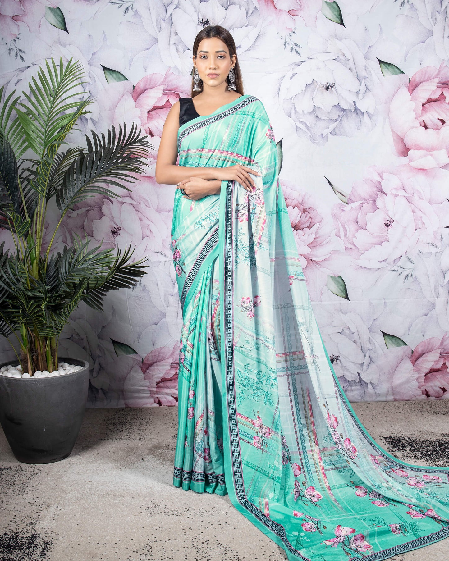Turquoise And Pink Floral Pattern Digital Print Crepe Silk Saree